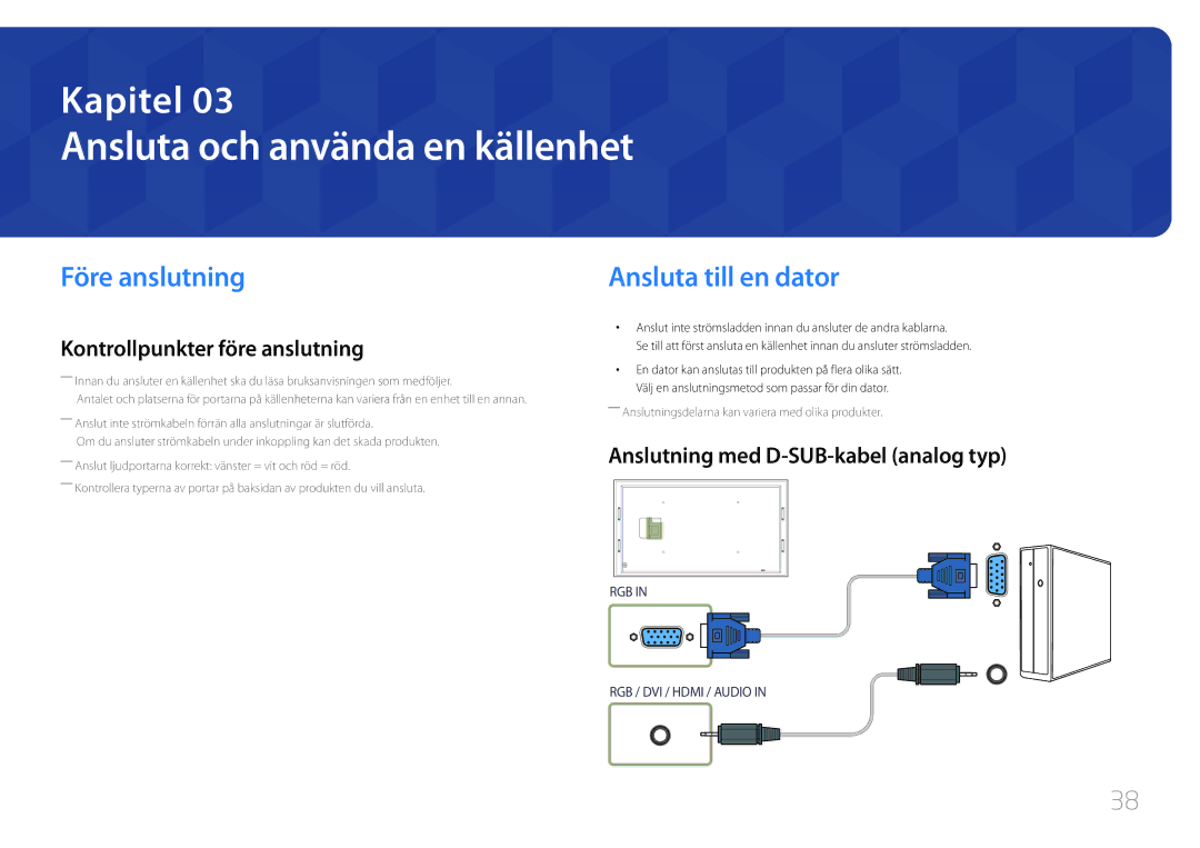 Samsung LH105QMDNC/EN manual Ansluta och använda en källenhet, Före anslutning, Ansluta till en dator 