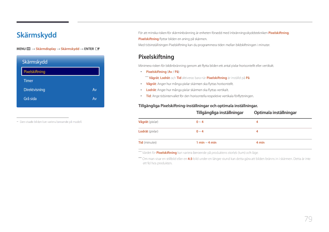 Samsung LH105QMDNC/EN manual Skärmskydd, Pixelskiftning, Optimala inställningar, Timer DirektvisningAv Grå sida 