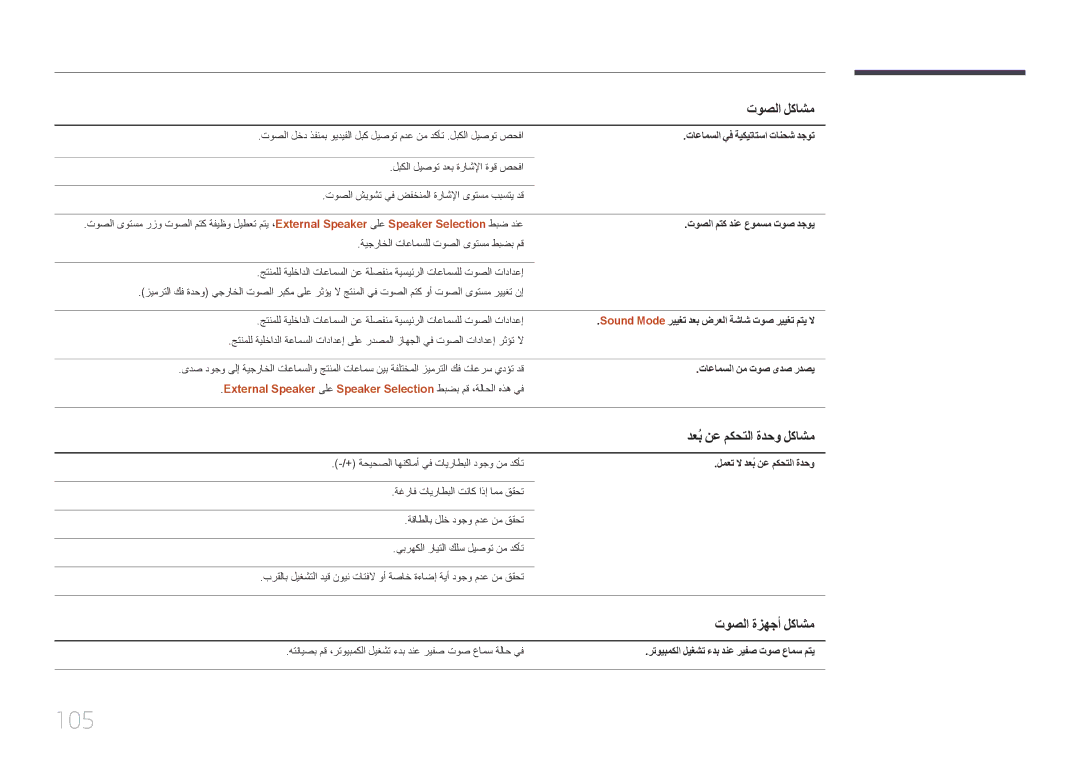 Samsung LH105QMDNC/NG, LH105QMDNC/UE manual دعبُ نع مكحتلا ةدحو لكاشم, توصلا ةزهجأ لكاشم 