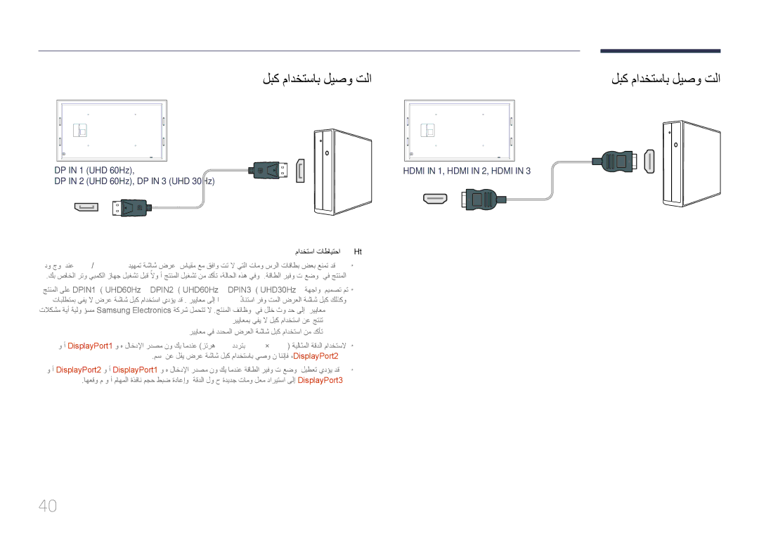 Samsung LH105QMDNC/UE, LH105QMDNC/NG manual DP لبك مادختساب ليصو تلا Hdmi لبك مادختساب ليصو تلا, Hdmi in 1, Hdmi in 2, Hdmi 