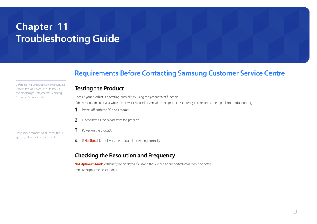 Samsung LH105QMDNC/NG manual Troubleshooting Guide, 101, Testing the Product, Checking the Resolution and Frequency 