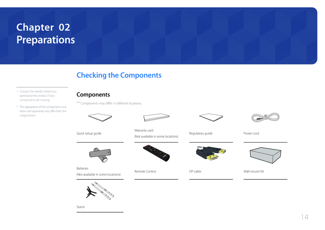 Samsung LH105QMDNC/UE manual Preparations, Checking the Components, Remote Control, Not available in some locations Stand 