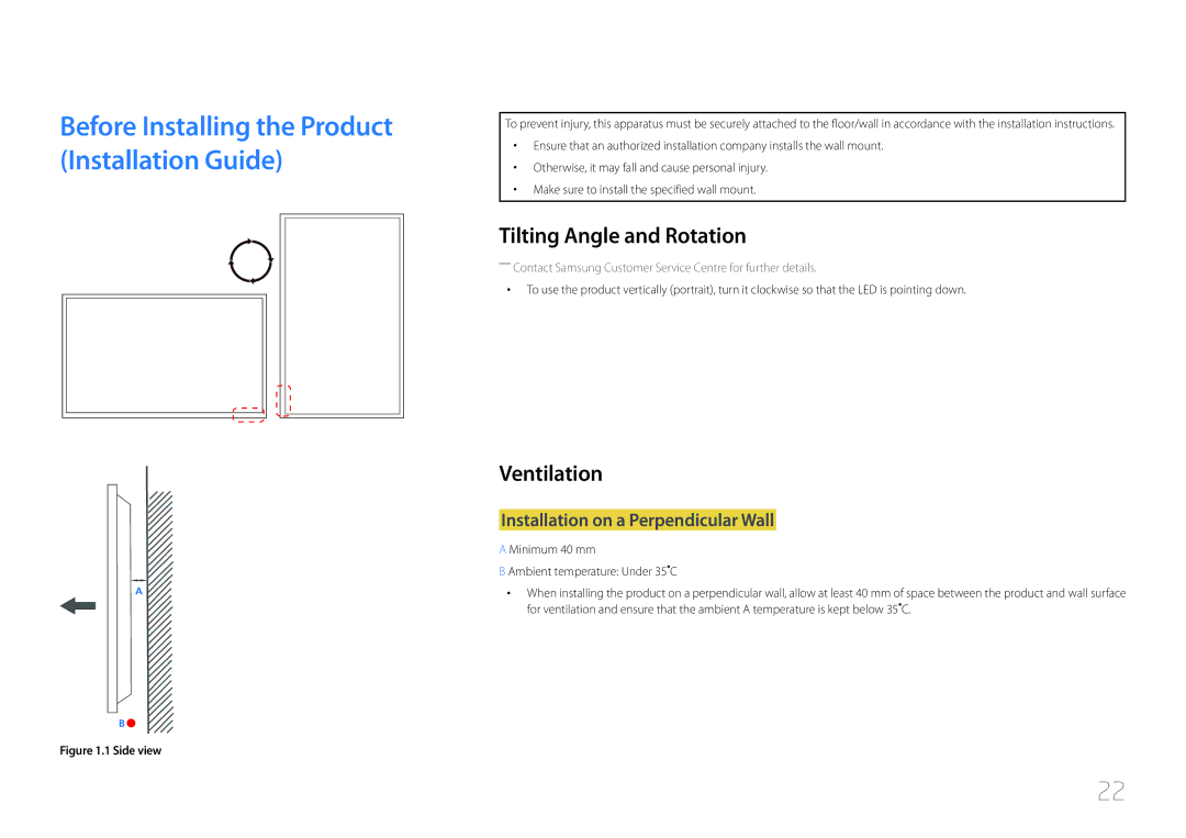 Samsung LH105QMDNC/UE, LH105QMDNC/NG manual Tilting Angle and Rotation, Ventilation, Installation on a Perpendicular Wall 