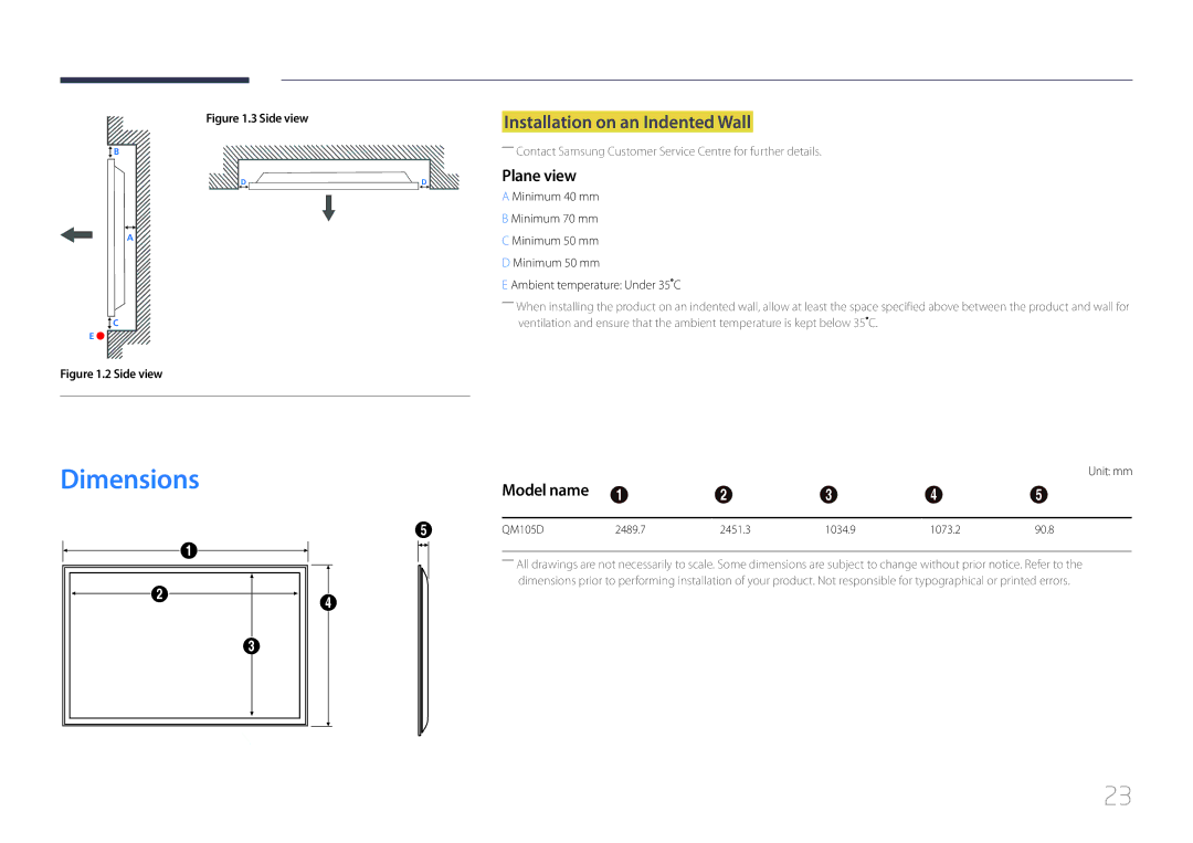 Samsung LH105QMDNC/NG, LH105QMDNC/UE manual Dimensions, Installation on an Indented Wall, Plane view, Model name, Unit mm 