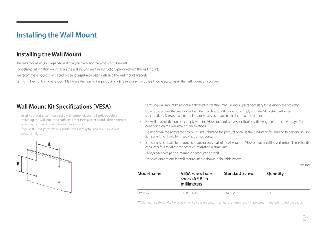 Samsung LH105QMDNC/UE, LH105QMDNC/NG manual Installing the Wall Mount, Wall Mount Kit Specifications Vesa 