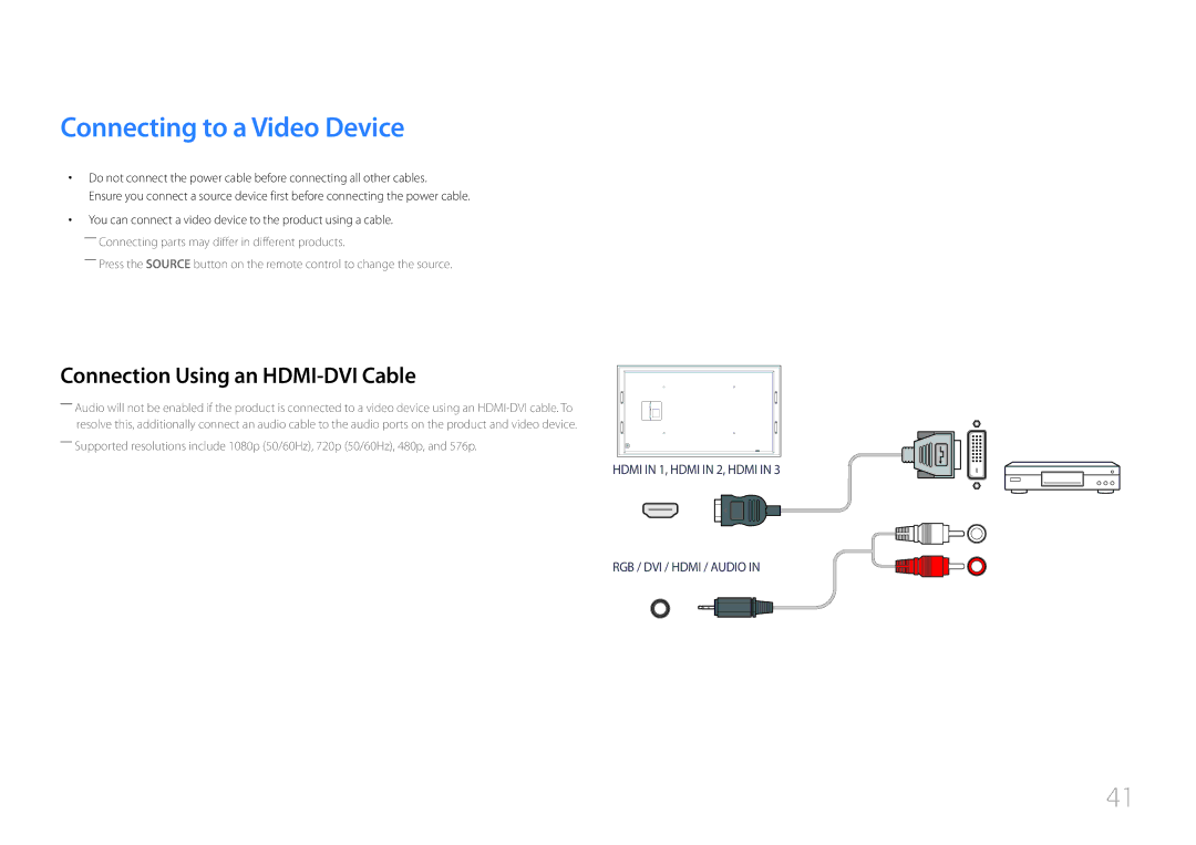 Samsung LH105QMDNC/NG, LH105QMDNC/UE manual Connecting to a Video Device 