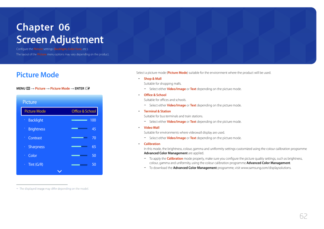 Samsung LH105QMDNC/UE manual Screen Adjustment, Picture, Backlight 100 Brightness Contrast Sharpness Color Tint G/R 