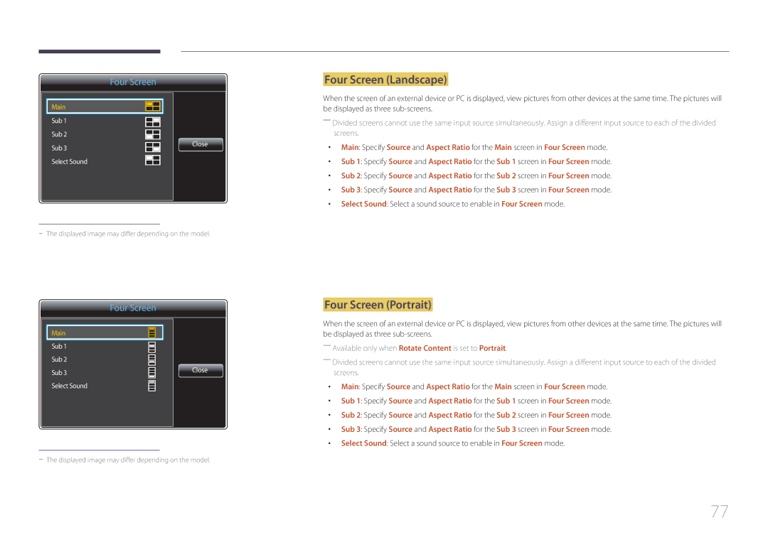 Samsung LH105QMDNC/NG, LH105QMDNC/UE manual Four Screen Landscape, Four Screen Portrait 