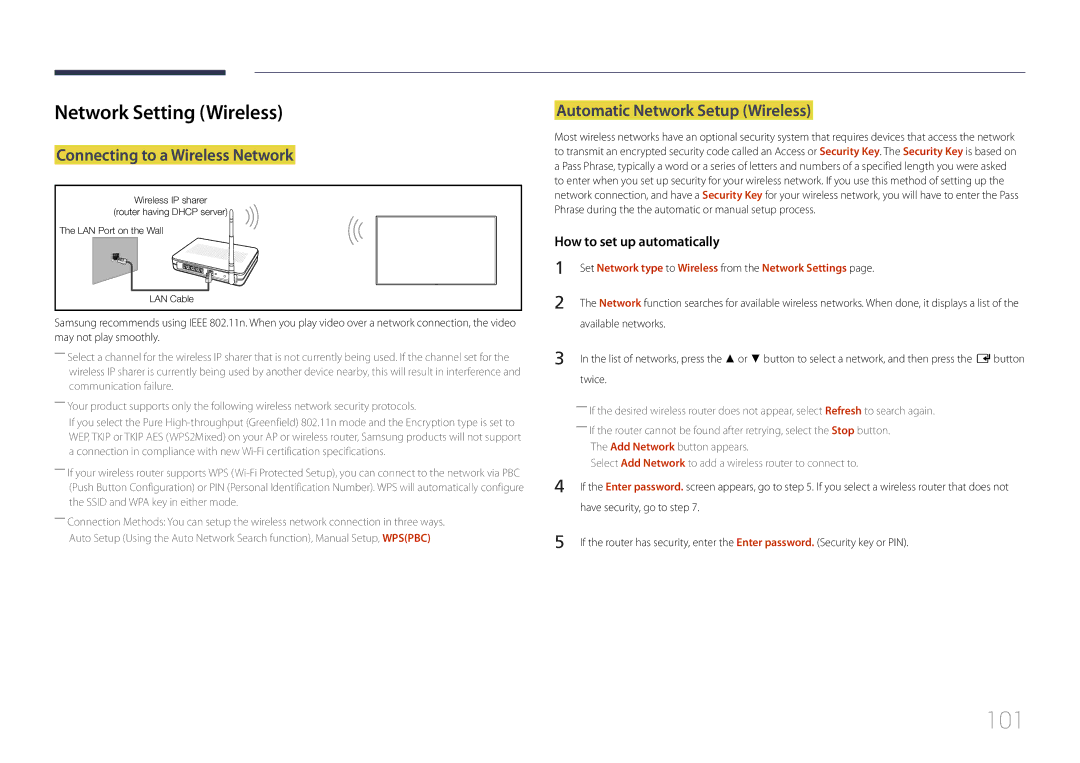 Samsung LH10DBDPLBC/CH 101, Network Setting Wireless, Connecting to a Wireless Network, Automatic Network Setup Wireless 