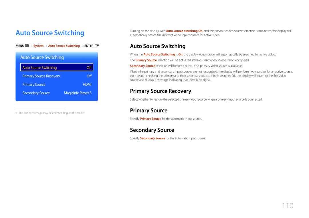 Samsung LH10DBDPLBC/EN, LH10DBDPLBC/CH manual Auto Source Switching, 110 