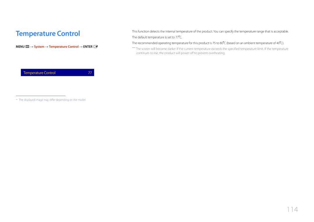 Samsung LH10DBDPLBC/EN, LH10DBDPLBC/CH manual 114, Menu m → System → Temperature Control → Enter E 