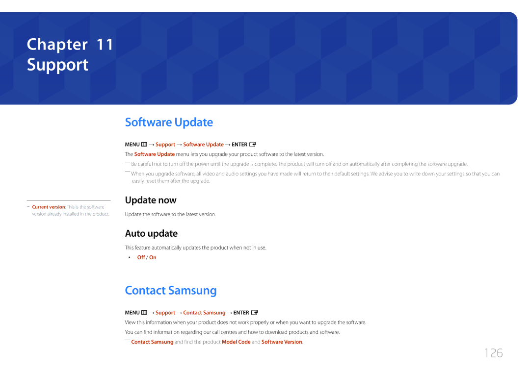 Samsung LH10DBDPLBC/EN, LH10DBDPLBC/CH manual Support, Software Update, Contact Samsung, 126 