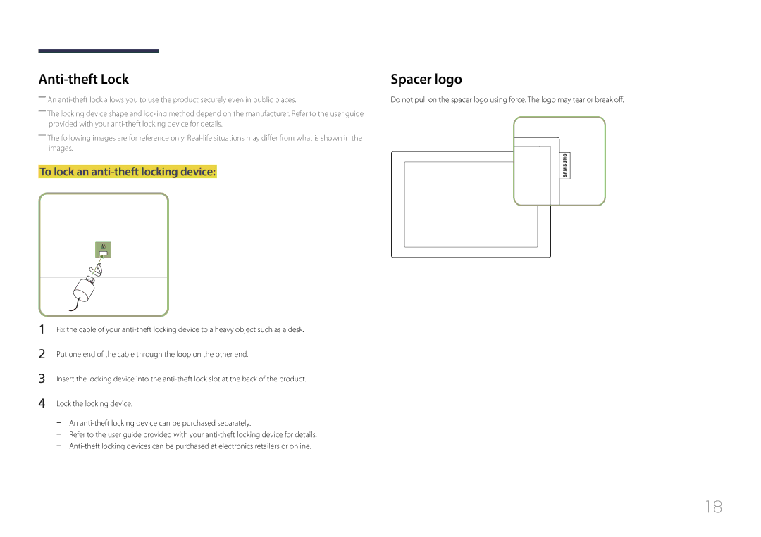 Samsung LH10DBDPLBC/EN, LH10DBDPLBC/CH manual Anti-theft Lock, To lock an anti-theft locking device 