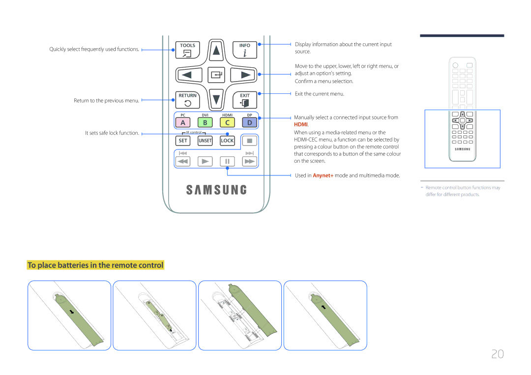 Samsung LH10DBDPLBC/EN, LH10DBDPLBC/CH To place batteries in the remote control, Quickly select frequently used functions 