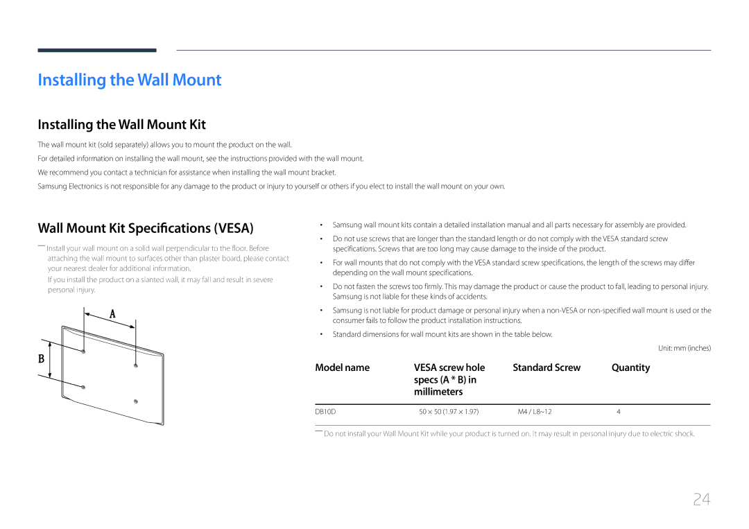 Samsung LH10DBDPLBC/EN, LH10DBDPLBC/CH manual Installing the Wall Mount Kit, Wall Mount Kit Specifications Vesa 