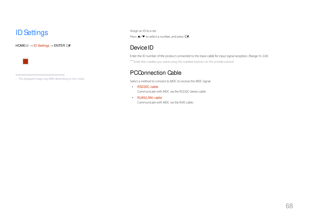 Samsung LH10DBDPLBC/EN, LH10DBDPLBC/CH manual ID Settings, Device ID, PC Connection Cable 