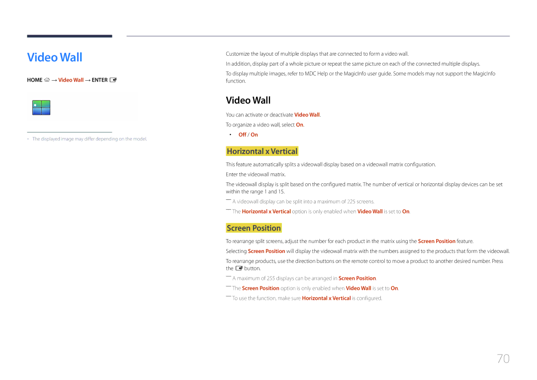 Samsung LH10DBDPLBC/EN, LH10DBDPLBC/CH manual Video Wall, Horizontal x Vertical, Screen Position 