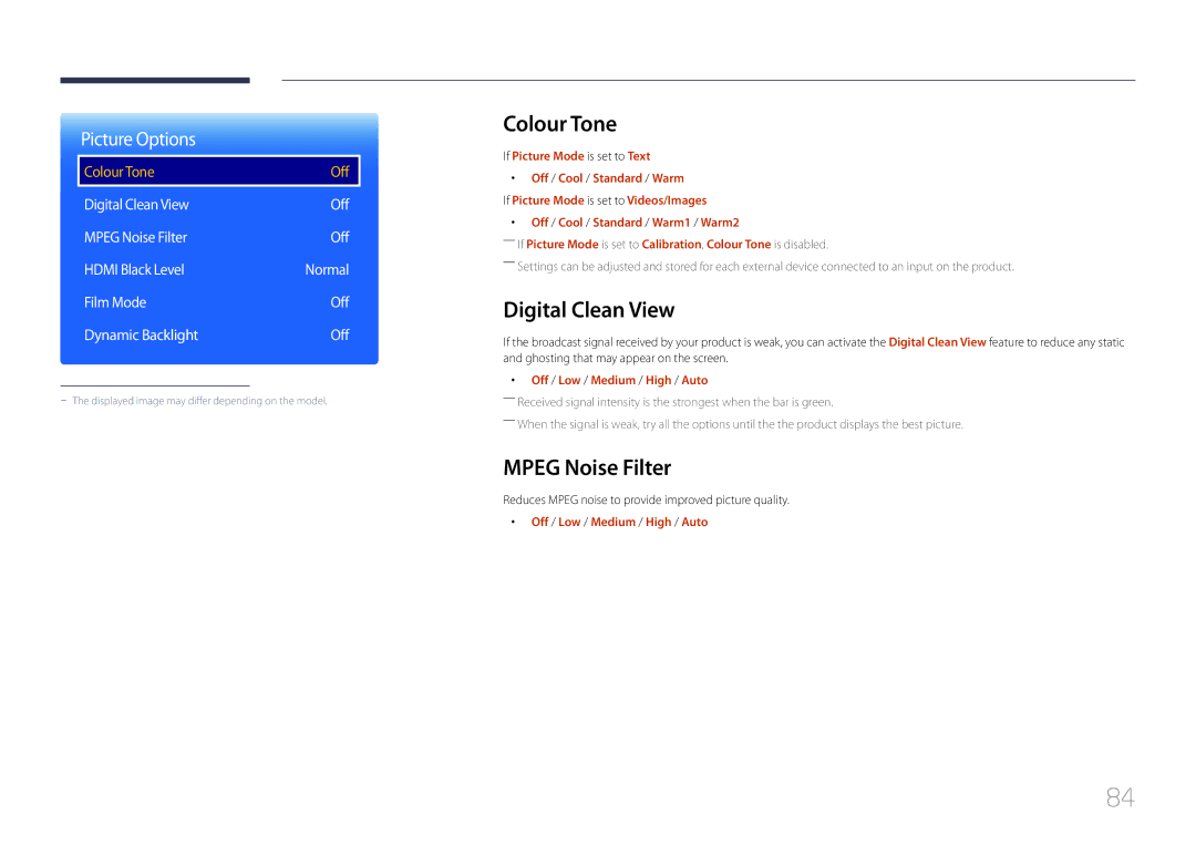 Samsung LH10DBDPLBC/EN manual Colour Tone, Digital Clean View, Mpeg Noise Filter, Off / Low / Medium / High / Auto 