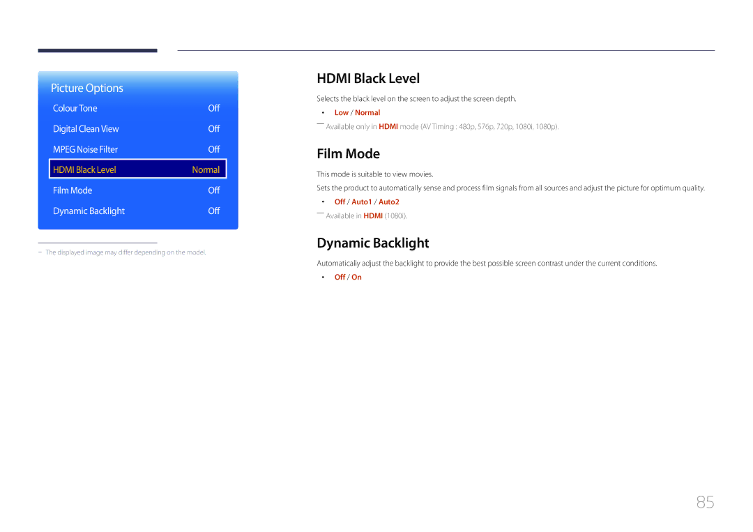 Samsung LH10DBDPLBC/CH, LH10DBDPLBC/EN manual Hdmi Black Level, Film Mode, Dynamic Backlight 