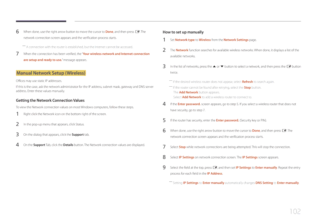 Samsung LH10DBDPLBC/NG, LH10DBDPLBC/EN, LH10DBDPLBC/UE, LH10DBDPLBC/XY manual 102, Manual Network Setup Wireless 