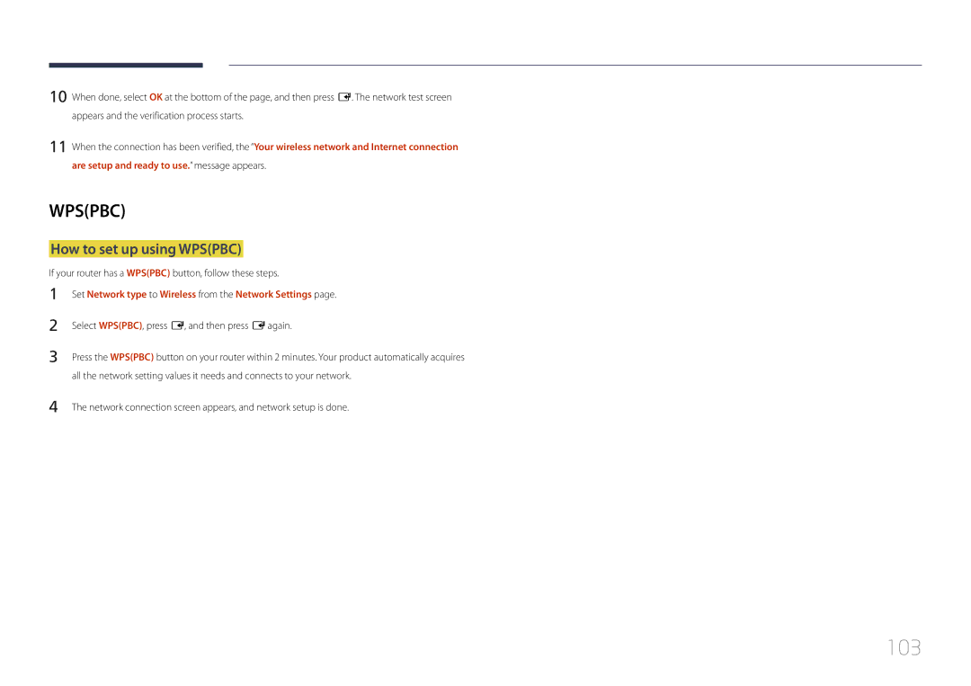 Samsung LH10DBDPLBC/XY manual 103, How to set up using Wpspbc, If your router has a Wpspbc button, follow these steps 