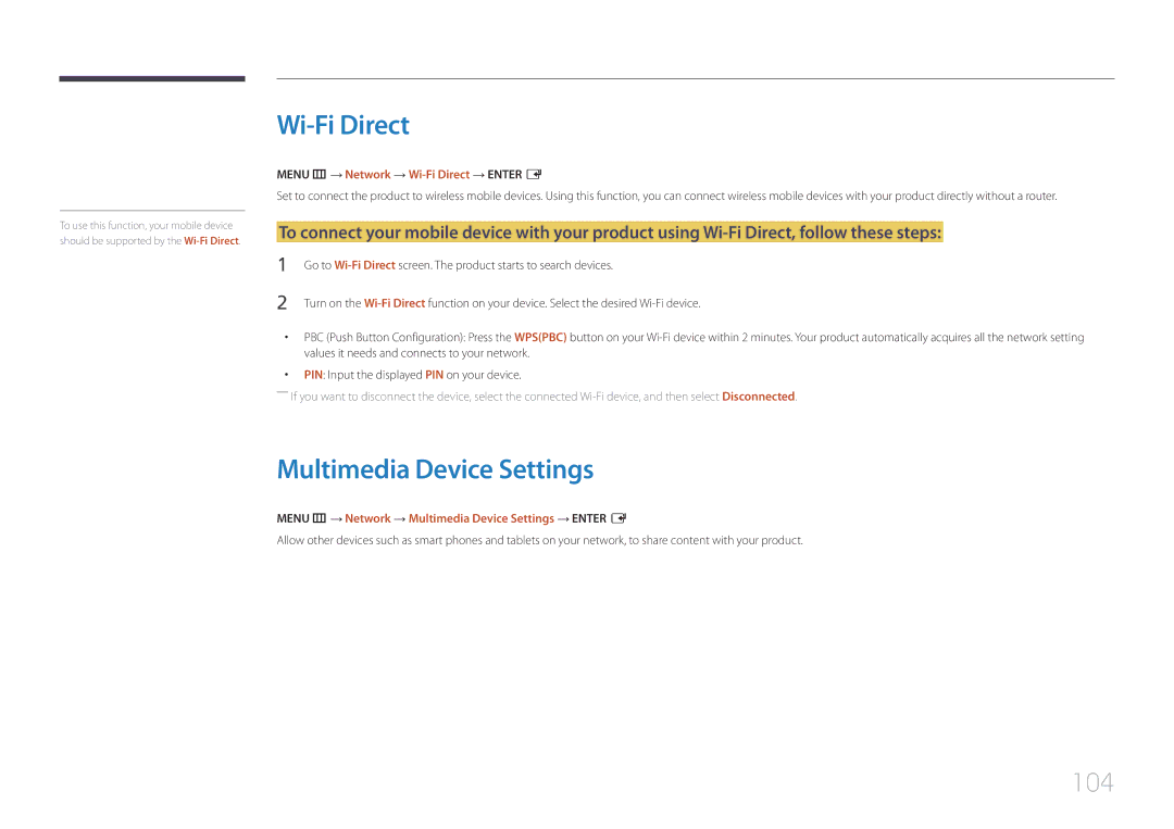 Samsung LH10DBDPLBC/EN, LH10DBDPLBC/UE manual Multimedia Device Settings, 104, Menu m → Network → Wi-Fi Direct → Enter E 
