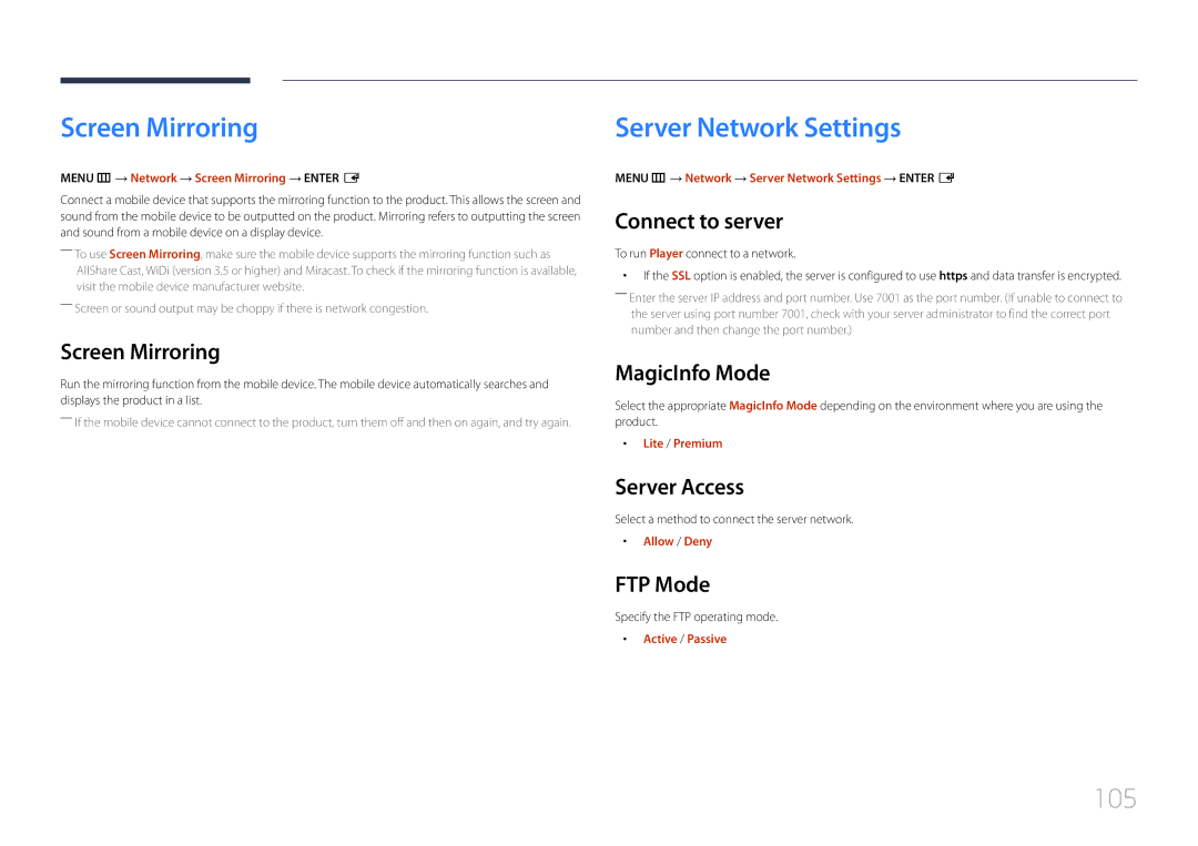 Samsung LH10DBDPLBC/UE, LH10DBDPLBC/EN, LH10DBDPLBC/NG, LH10DBDPLBC/XY manual Screen Mirroring, Server Network Settings, 105 