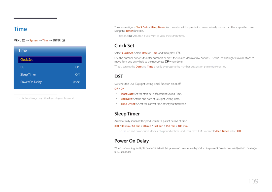 Samsung LH10DBDPLBC/UE, LH10DBDPLBC/EN, LH10DBDPLBC/NG, LH10DBDPLBC/XY manual 109, Clock Set, Sleep Timer, Power On Delay 