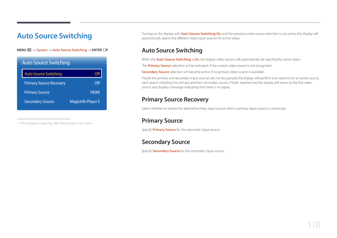 Samsung LH10DBDPLBC/NG, LH10DBDPLBC/EN, LH10DBDPLBC/UE, LH10DBDPLBC/XY manual Auto Source Switching, 110 