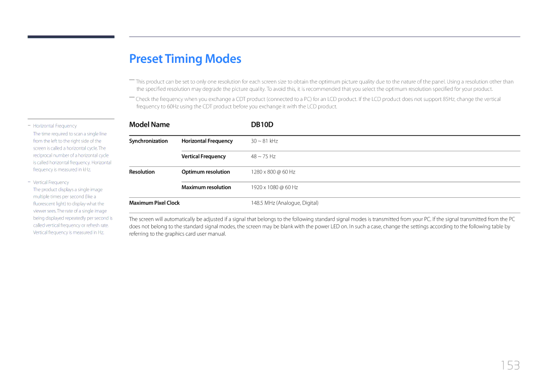 Samsung LH10DBDPLBC/UE, LH10DBDPLBC/EN, LH10DBDPLBC/NG, LH10DBDPLBC/XY manual Preset Timing Modes, 153, MHz Analogue, Digital 