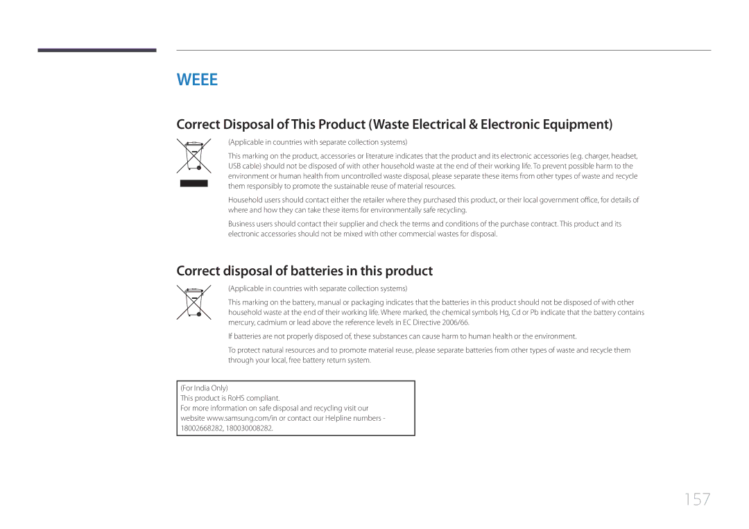 Samsung LH10DBDPLBC/UE, LH10DBDPLBC/EN, LH10DBDPLBC/NG, LH10DBDPLBC/XY 157, Correct disposal of batteries in this product 