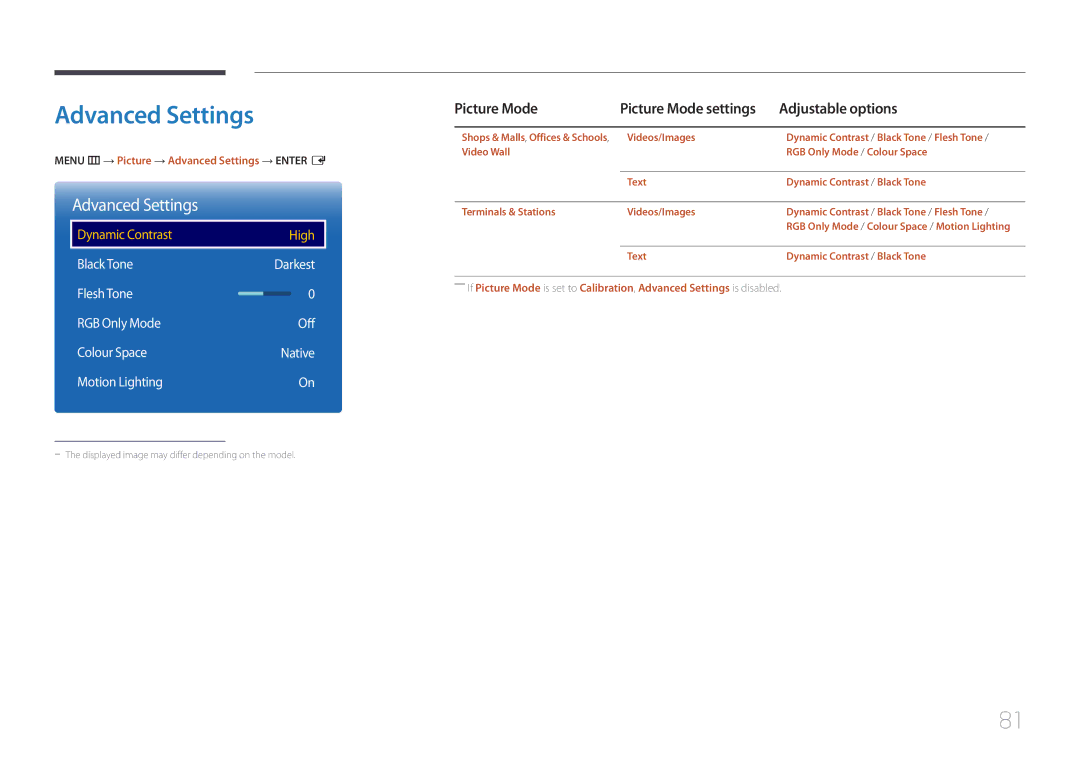 Samsung LH10DBDPLBC/UE, LH10DBDPLBC/EN, LH10DBDPLBC/NG, LH10DBDPLBC/XY Menu m → Picture → Advanced Settings → Enter E 