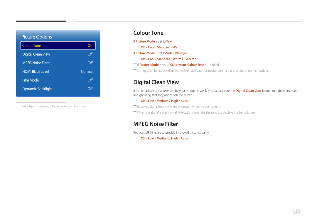 Samsung LH10DBDPLBC/EN manual Colour Tone, Digital Clean View, Mpeg Noise Filter, Off / Low / Medium / High / Auto 