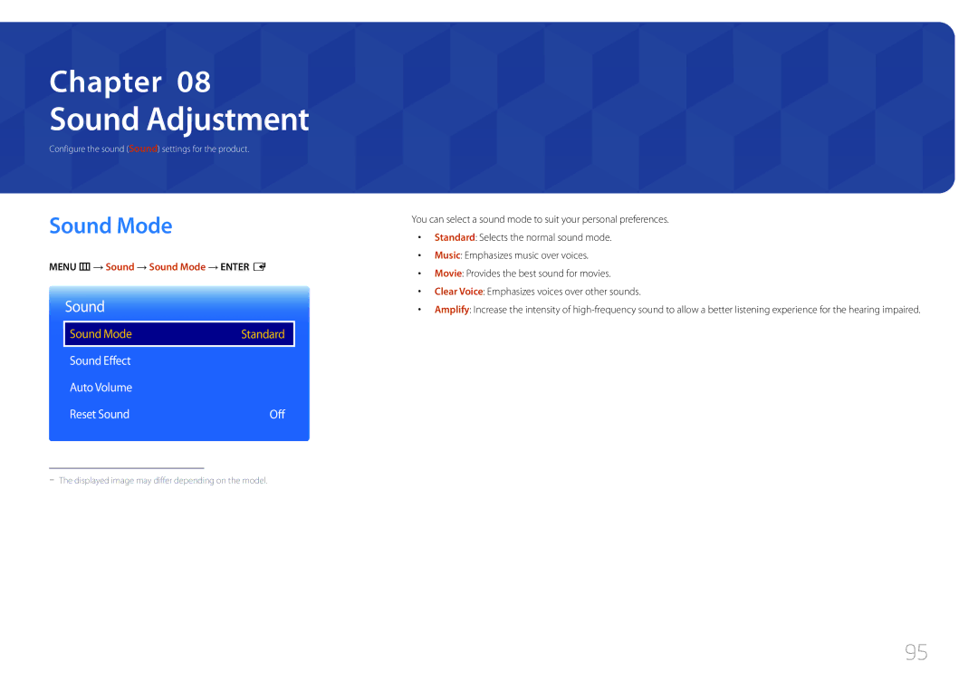 Samsung LH10DBDPLBC/XY, LH10DBDPLBC/EN manual Sound Adjustment, Sound Mode, Sound Effect Auto Volume Reset Sound Off 