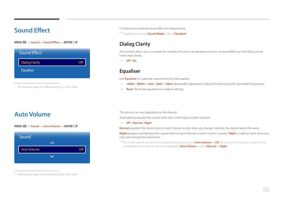 Samsung LH10DBDPLBC/EN, LH10DBDPLBC/UE, LH10DBDPLBC/NG, LH10DBDPLBC/XY Sound Effect, Auto Volume, Dialog Clarity, Equaliser 