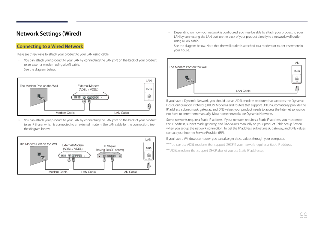 Samsung LH10DBDPLBC/XY, LH10DBDPLBC/EN, LH10DBDPLBC/UE, LH10DBDPLBC/NG Network Settings Wired, Connecting to a Wired Network 