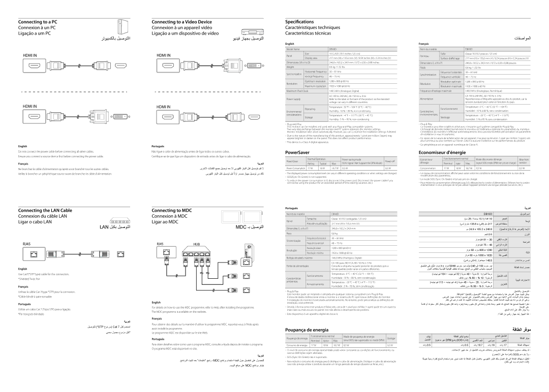 Samsung LH10DBDPLBC/NG Connecting to a PC Connecting to a Video Device, Specications, PowerSaver, Economiseur dénergie 