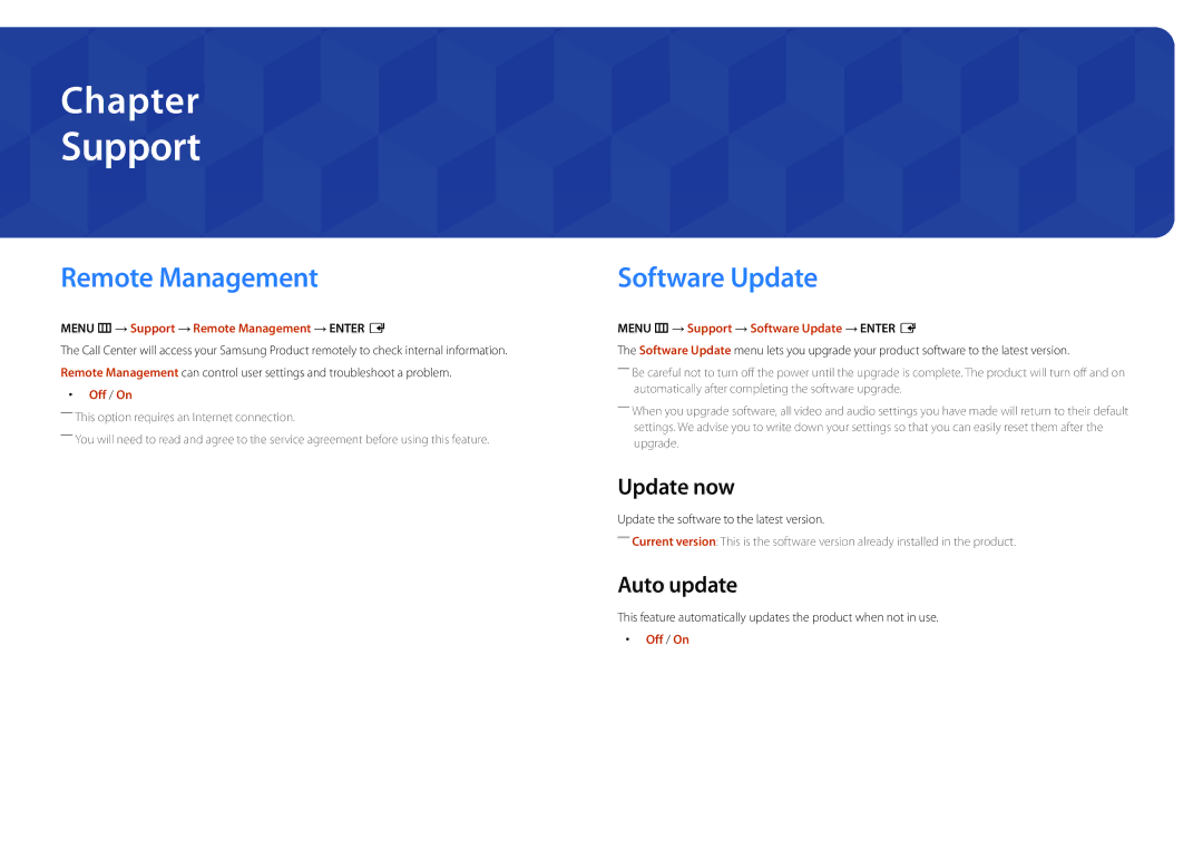 Samsung LH40DMDPLGC/EN, LH10DBDPLBC/EN manual Support, Remote Management, Software Update, Update now, Auto update 