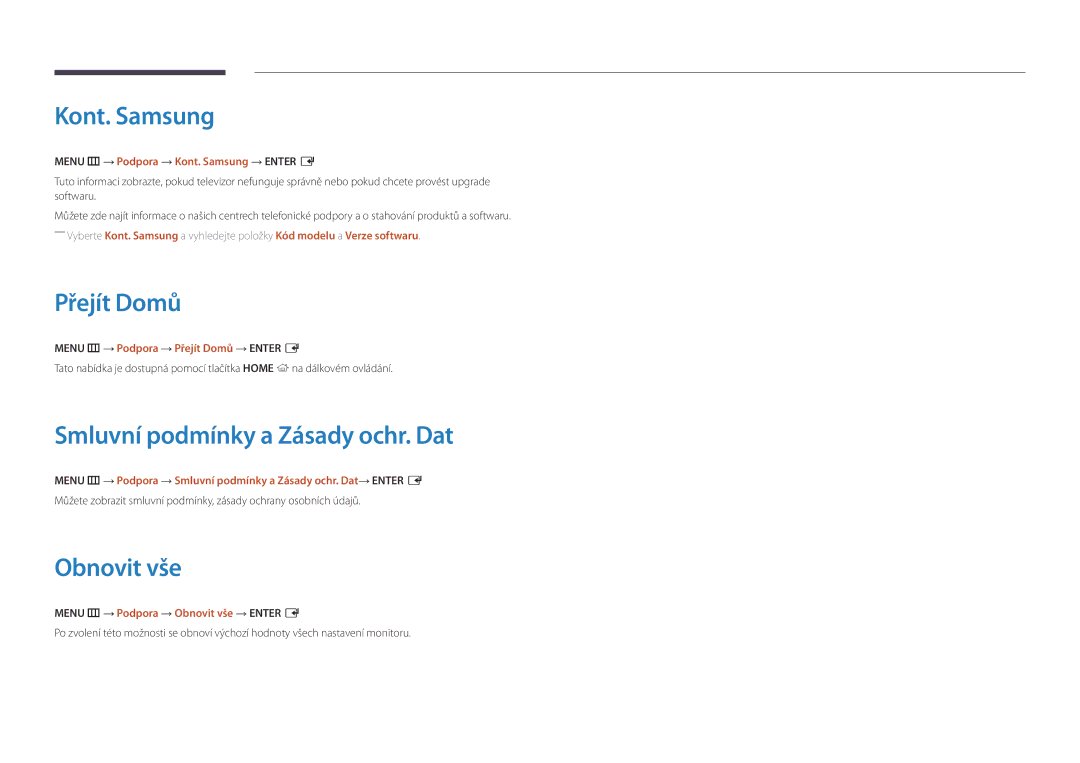 Samsung LH32DBDPLGC/EN, LH10DBDPLBC/EN manual Kont. Samsung, Přejít Domů, Smluvní podmínky a Zásady ochr. Dat, Obnovit vše 