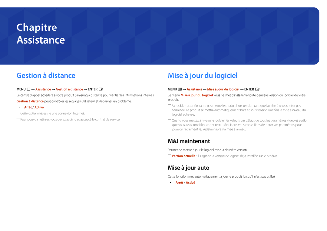 Samsung LH40DBDPLGC/EN manual Assistance, Gestion à distance, Mise à jour du logiciel, MàJ maintenant, Mise à jour auto 