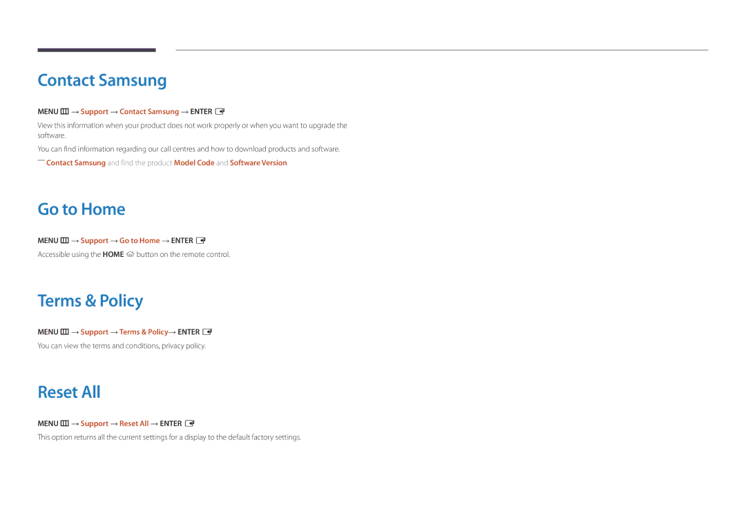 Samsung LH32DMDPLGC/EN, LH10DBDPLBC/EN, LH40DMDPLGC/EN manual Contact Samsung, Go to Home, Terms & Policy, Reset All 