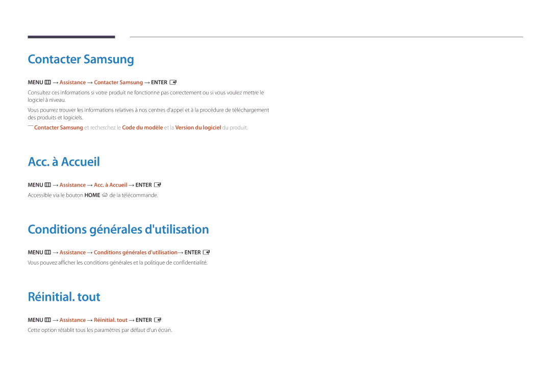 Samsung LH55UEDPLGC/EN manual Contacter Samsung, Acc. à Accueil, Conditions générales dutilisation, Réinitial. tout 