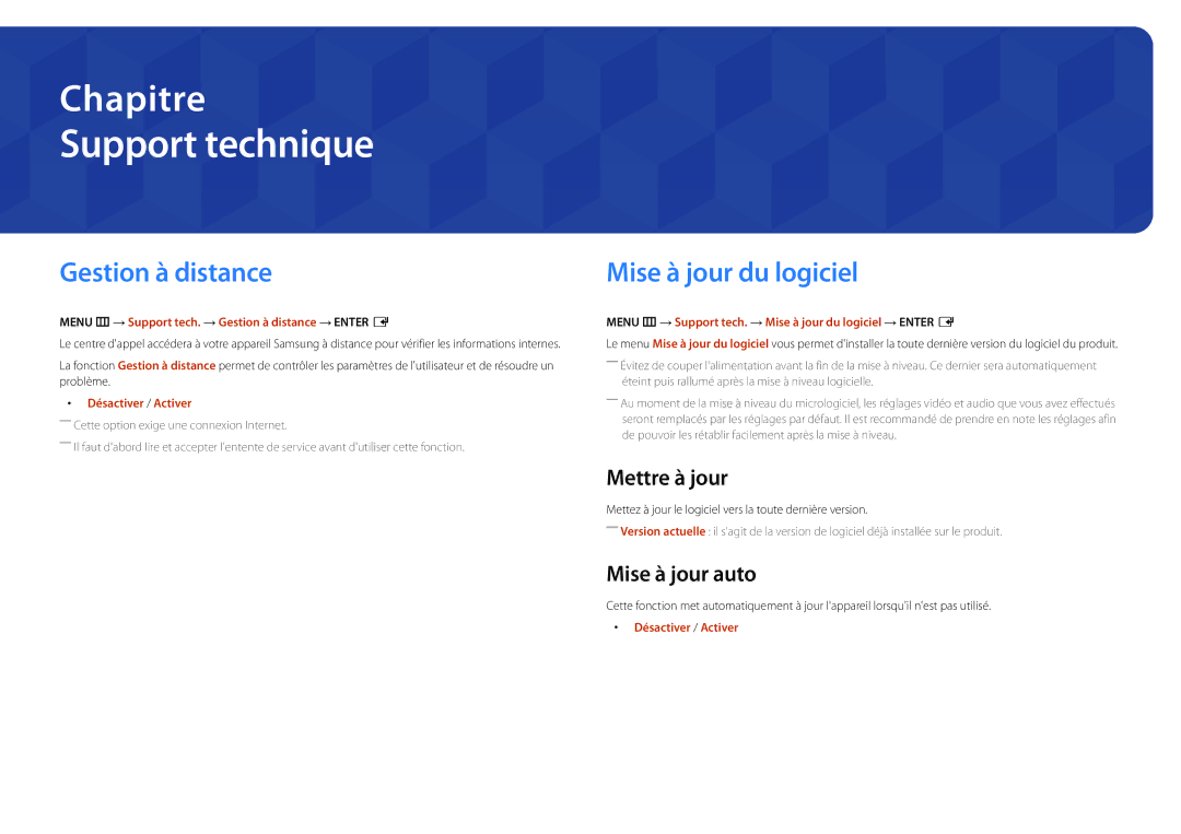 Samsung LH55UDDPLBB/EN manual Support technique, Mettre à jour, Menu m→ Support tech. → Gestion à distance → Enter E 