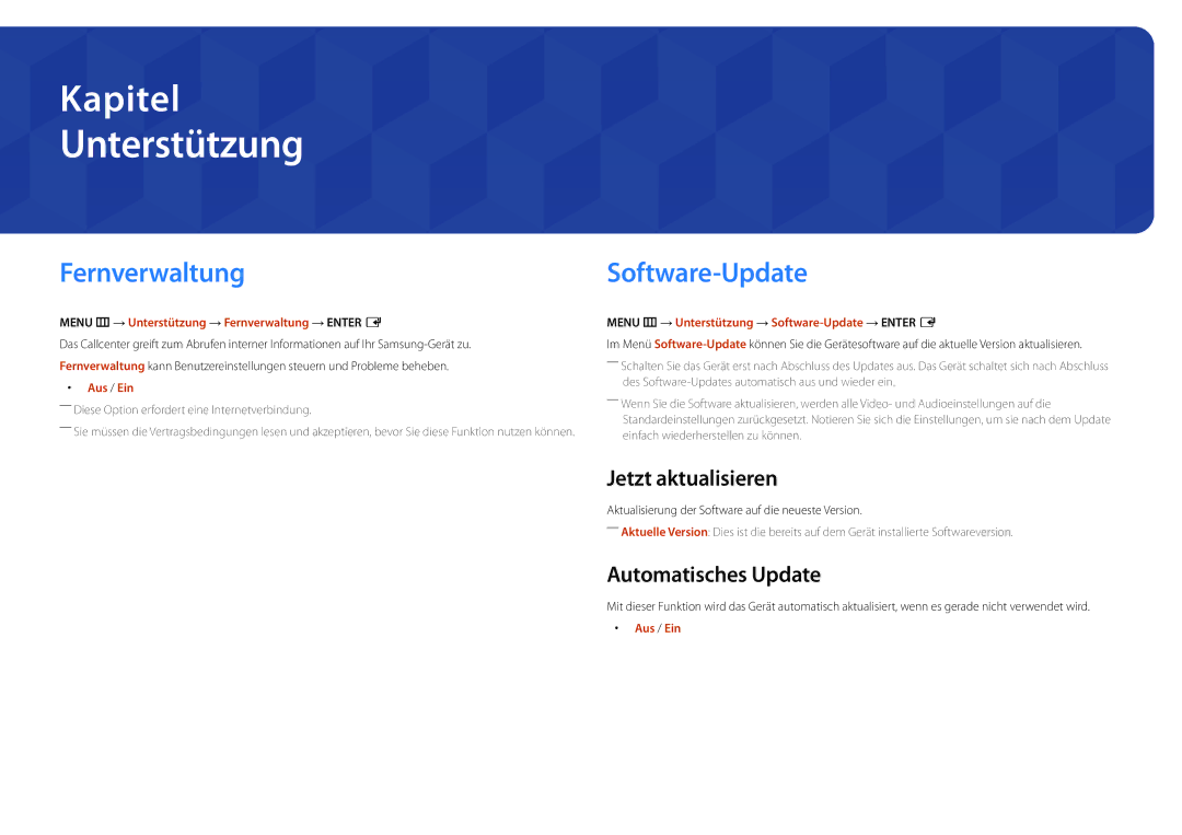 Samsung LH46UDDPUBB/EN manual Unterstützung, Fernverwaltung, Software-Update, Jetzt aktualisieren, Automatisches Update 