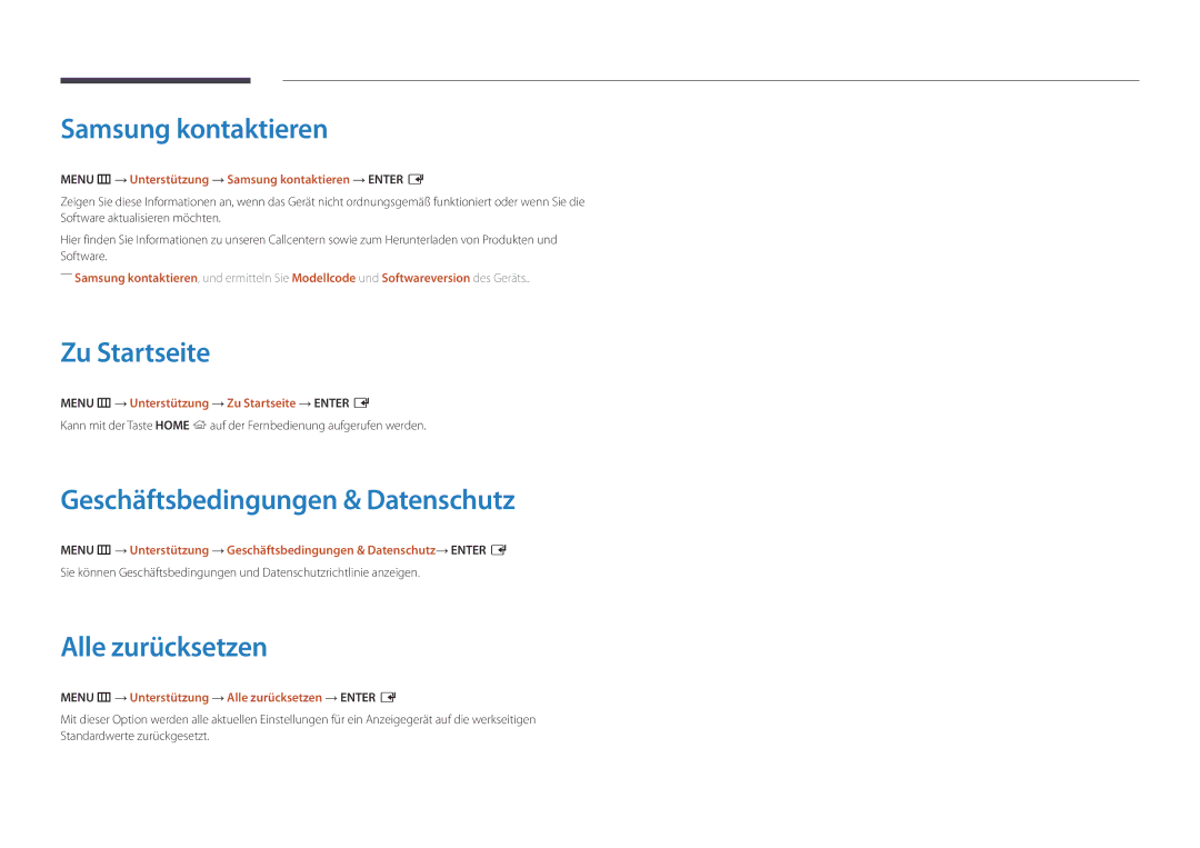 Samsung LH32DMDPLGK/EN manual Samsung kontaktieren, Zu Startseite, Geschäftsbedingungen & Datenschutz, Alle zurücksetzen 