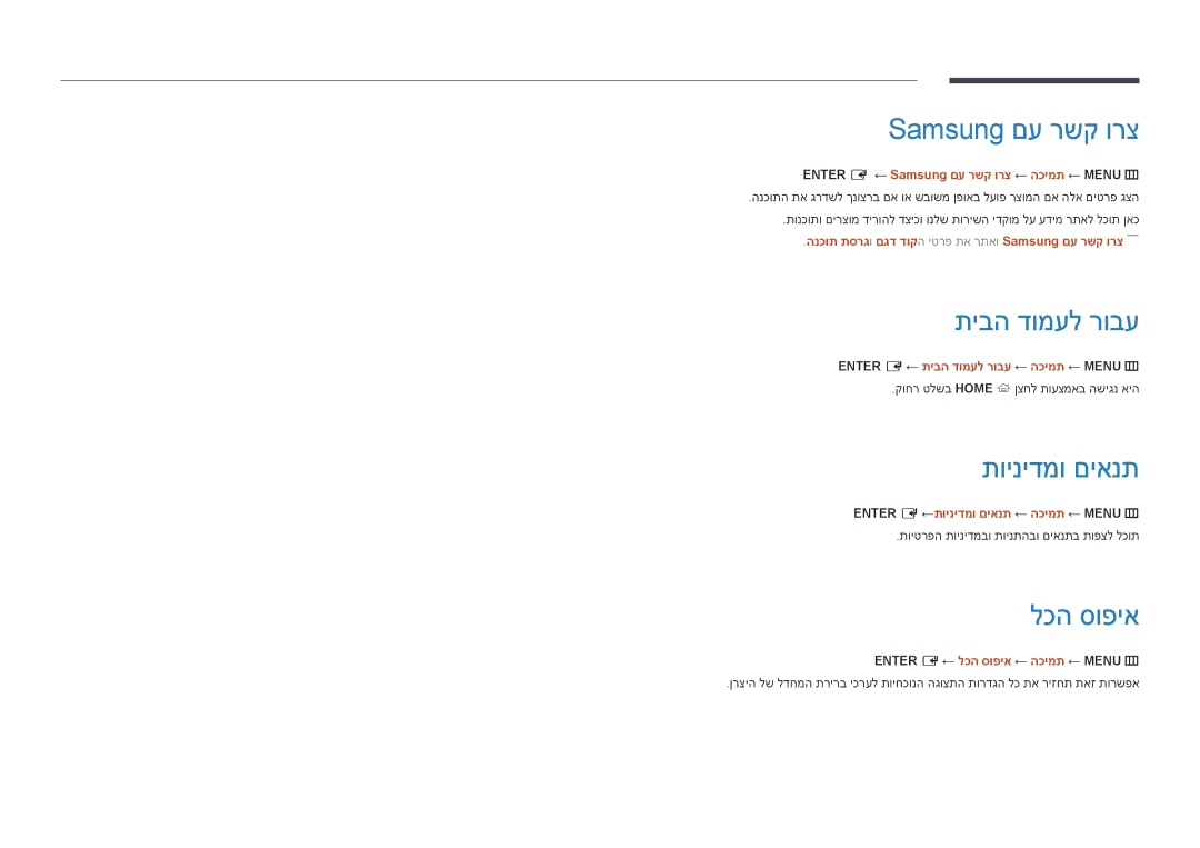 Samsung LH55UDDPLBB/NG, LH10DBDPLBC/EN, LH40DMDPLGC/EN manual Samsung םע רשק ורצ, תיבה דומעל רובע, תוינידמו םיאנת, לכה סופיא 