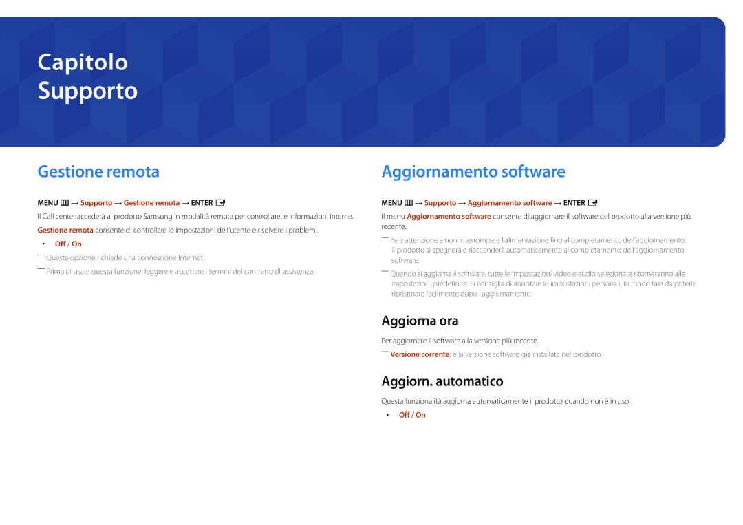 Samsung LH46UEDPLGC/NG manual Supporto, Gestione remota, Aggiornamento software, Aggiorna ora, Aggiorn. automatico 