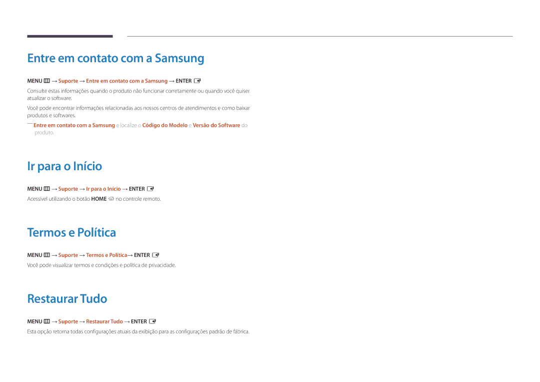 Samsung LH75DMDPLGC/NG, LH10DBDPLBC/EN, LH40DMDPLGC/EN Entre em contato com a Samsung, Ir para o Início, Restaurar Tudo 