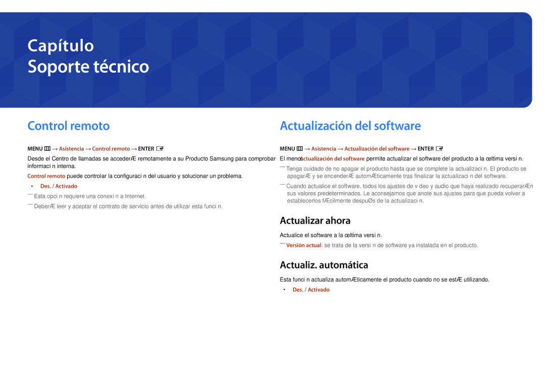 Samsung LH65DMDPLGC/UE Soporte técnico, Control remoto, Actualización del software, Actualizar ahora, Actualiz. automática 