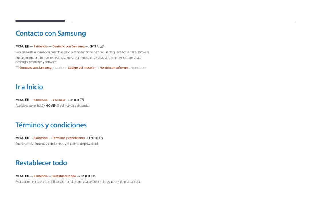 Samsung LH48DMDPLGC/HD, LH10DBDPLBC/EN manual Contacto con Samsung, Ir a Inicio, Términos y condiciones, Restablecer todo 